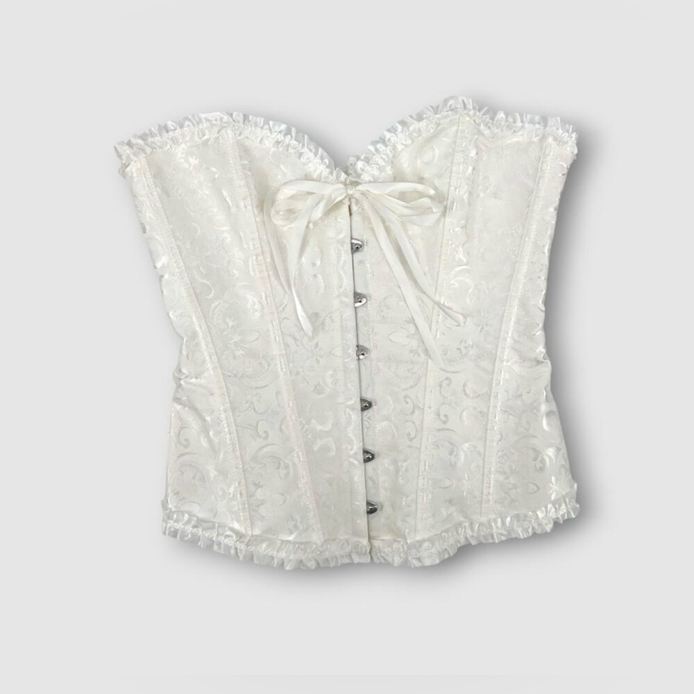 White Lace Brocade Corset Top with Ribbon Tie